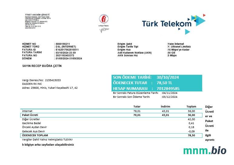 Turcja Turktelekom rachunek za usługi komunalne szablon w formacie Word i PDF, w pełni edytowalne
